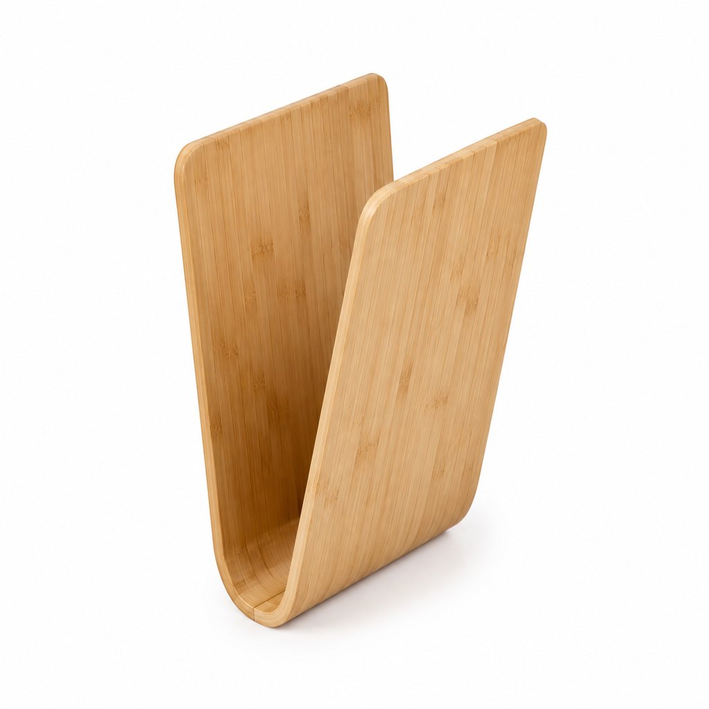 Kai minimal bamboo magazine rack leaning against a sofa — view 2