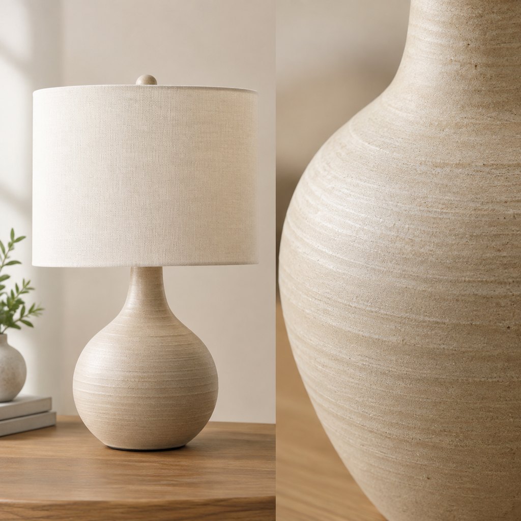 Lykke handmade ceramic table lamp with linen drum shade — view 3
