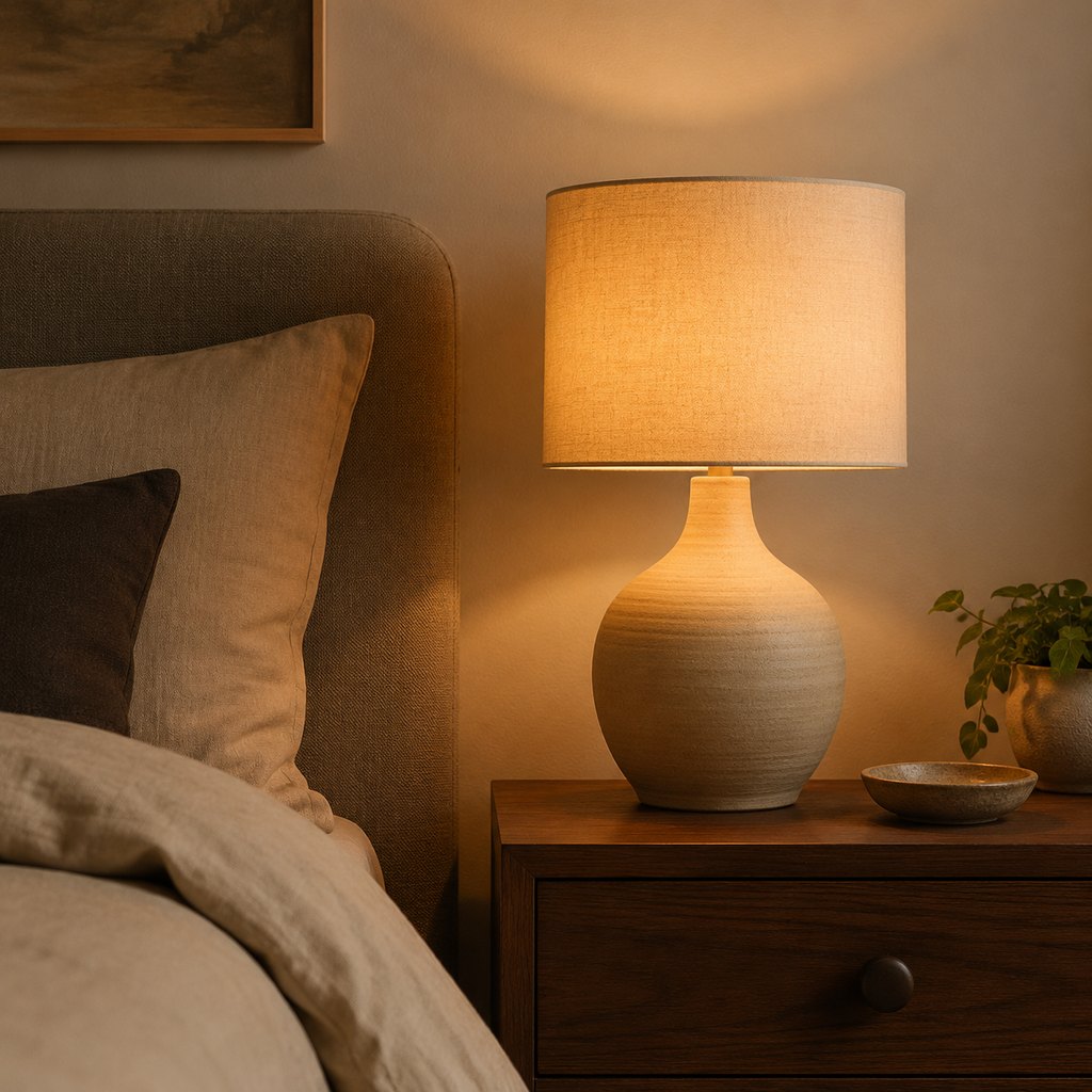Lykke handmade ceramic table lamp with linen drum shade — view 4