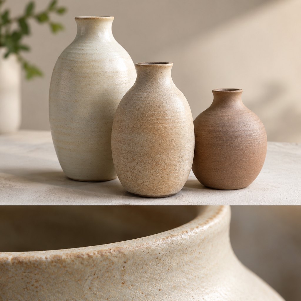 Mori trio of handmade matte ceramic vases in cream and sand tones — view 3