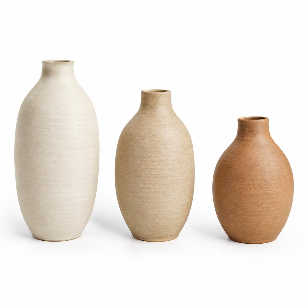 Mori trio of handmade matte ceramic vases in cream and sand tones — view 5