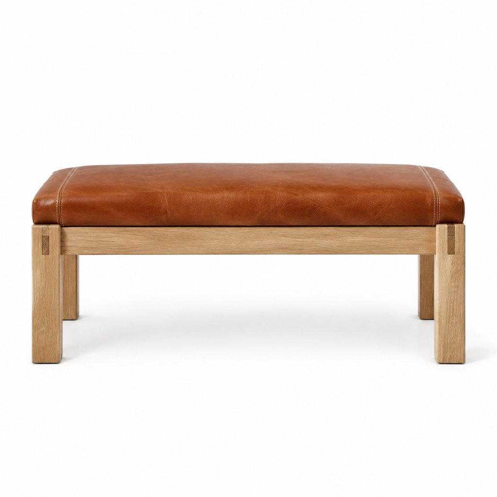 Oslo entryway bench in cognac full-grain leather with oak frame