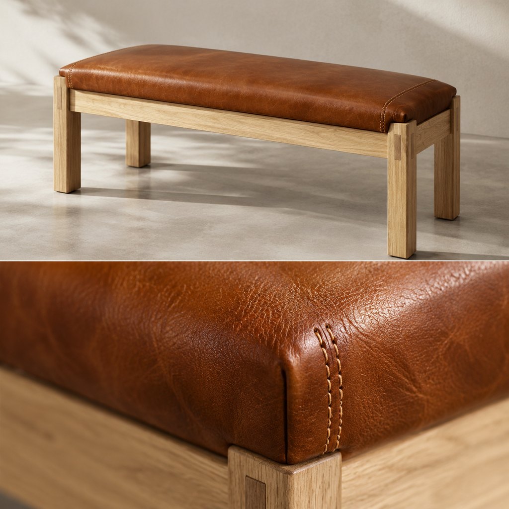 Oslo entryway bench in cognac full-grain leather with oak frame — view 3