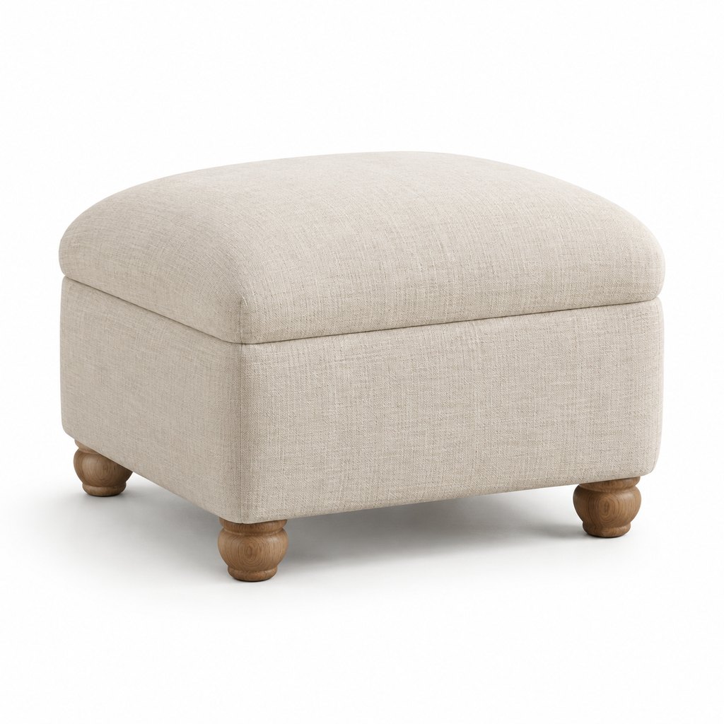 Birka oatmeal linen ottoman with oak legs in bright daylight — view 2