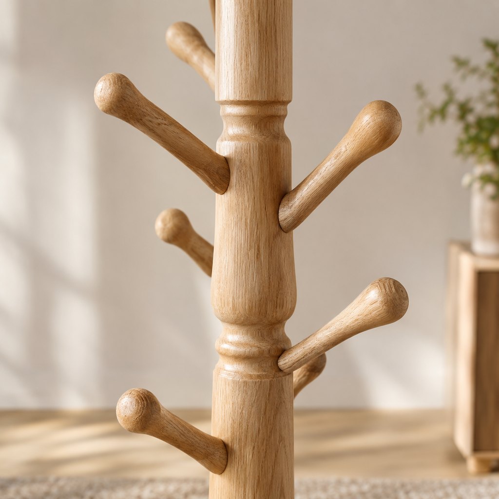 Freya freestanding solid oak coat rack with eight carved pegs — view 3