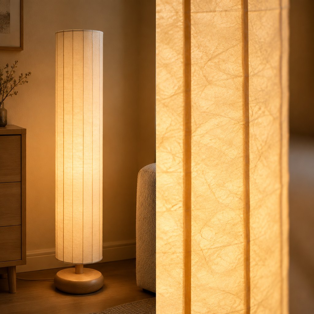 Akari rice-paper floor lamp with oak base glowing warmly in a dim room — view 3