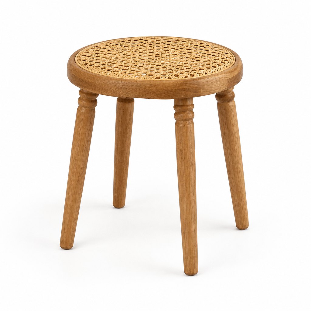 Nordic rattan stool with natural cane seat and oak legs