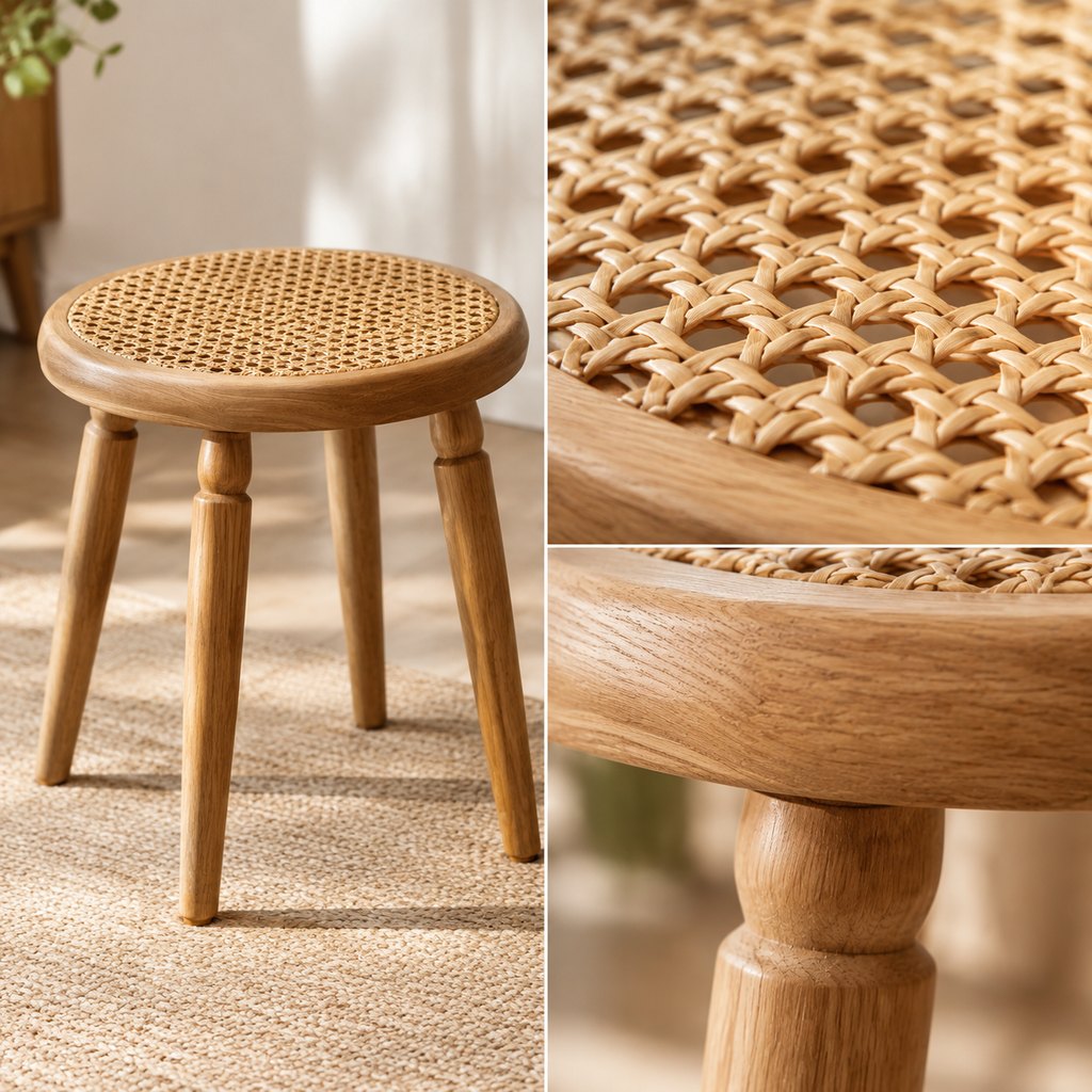 Nordic rattan stool with natural cane seat and oak legs — view 3