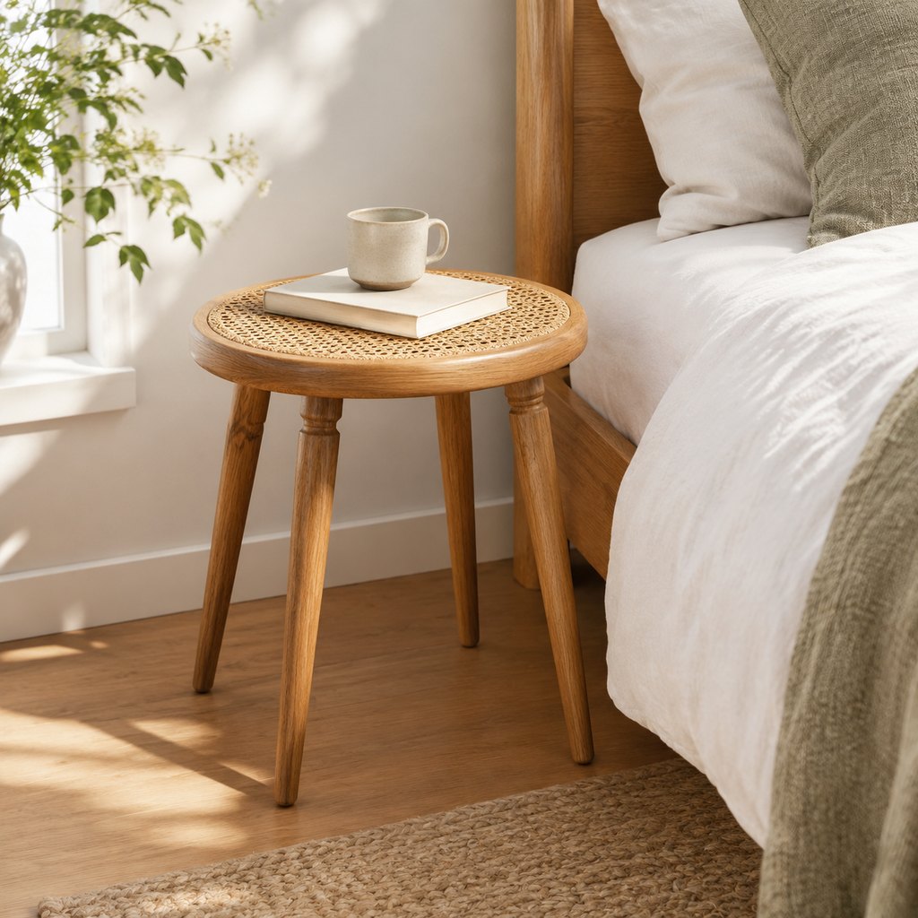 Nordic rattan stool with natural cane seat and oak legs — view 4