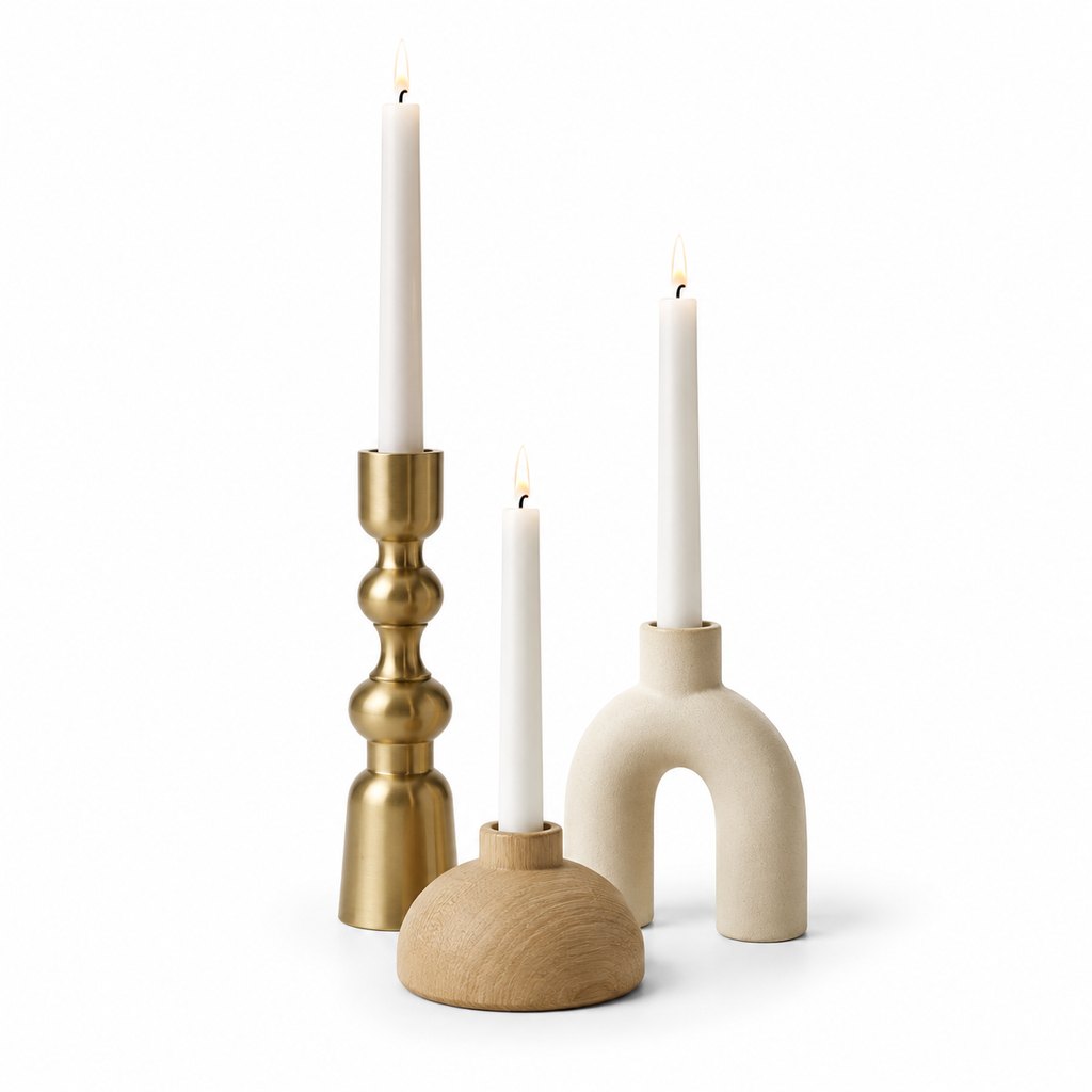 Vinter set of three sculptural brass and ceramic candle holders