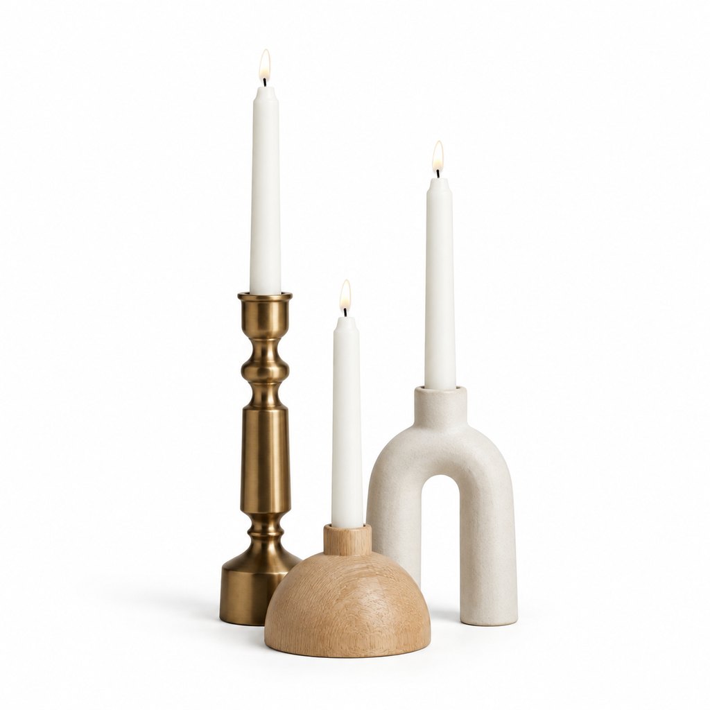 Vinter set of three sculptural brass and ceramic candle holders — view 2