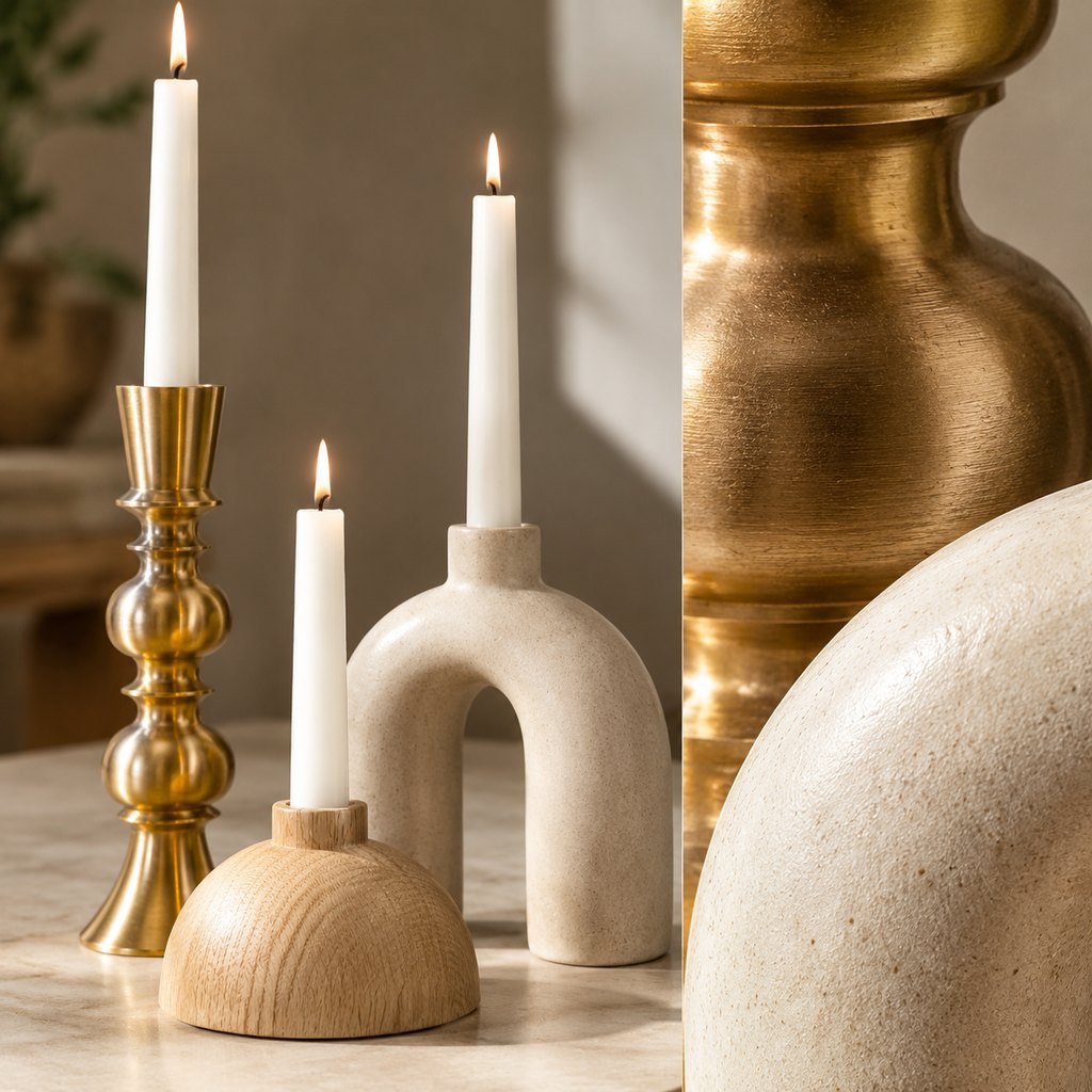 Vinter set of three sculptural brass and ceramic candle holders — view 3