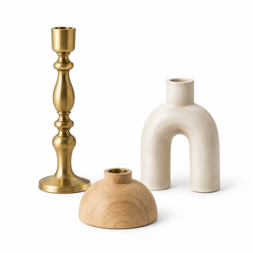 Vinter set of three sculptural brass and ceramic candle holders — view 5