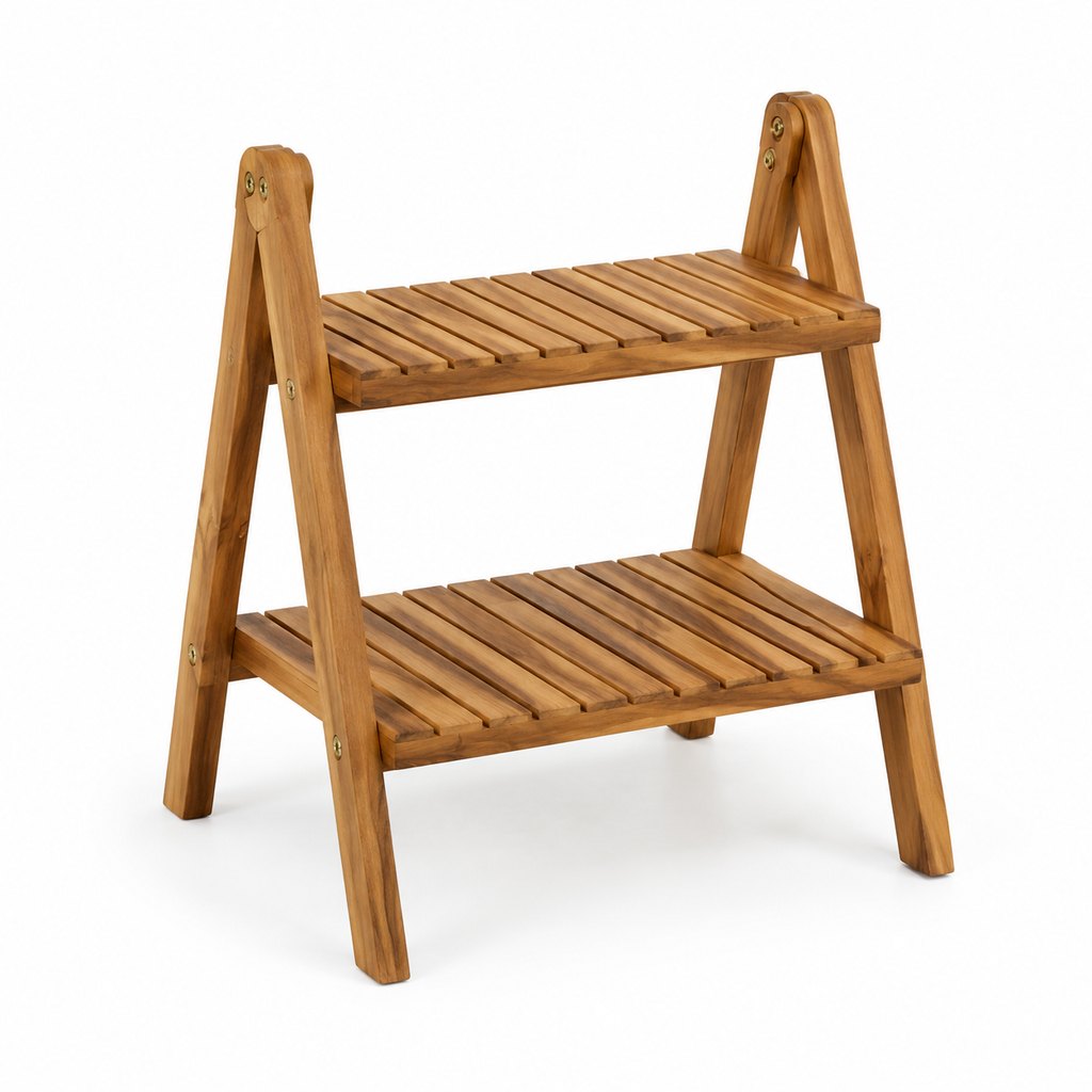 Saga two-tier reclaimed teak plant stand holding potted greenery