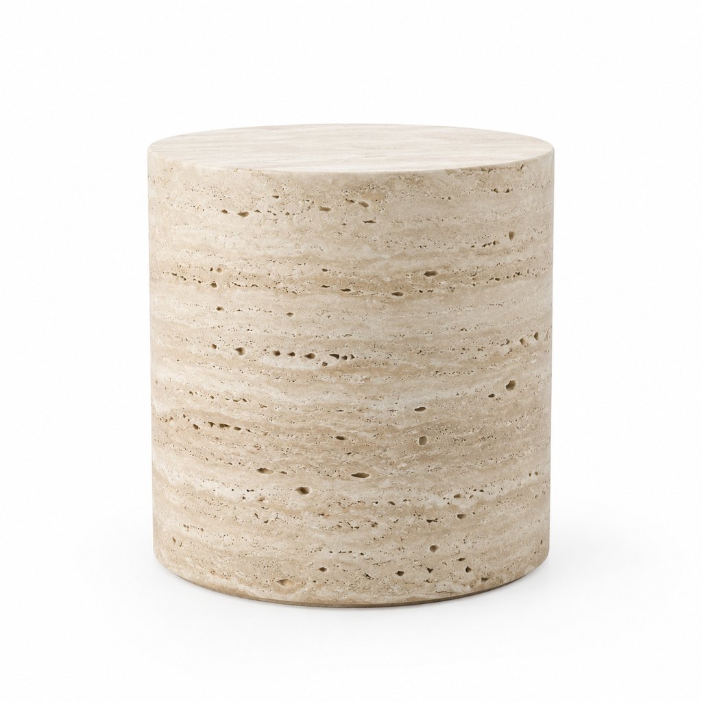 Olav cylindrical travertine side table with visible natural veining