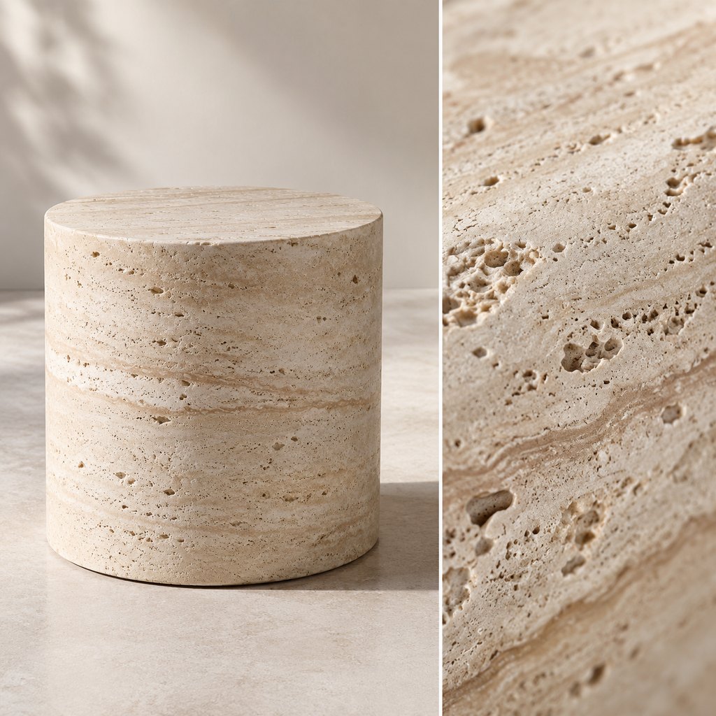 Olav cylindrical travertine side table with visible natural veining — view 3