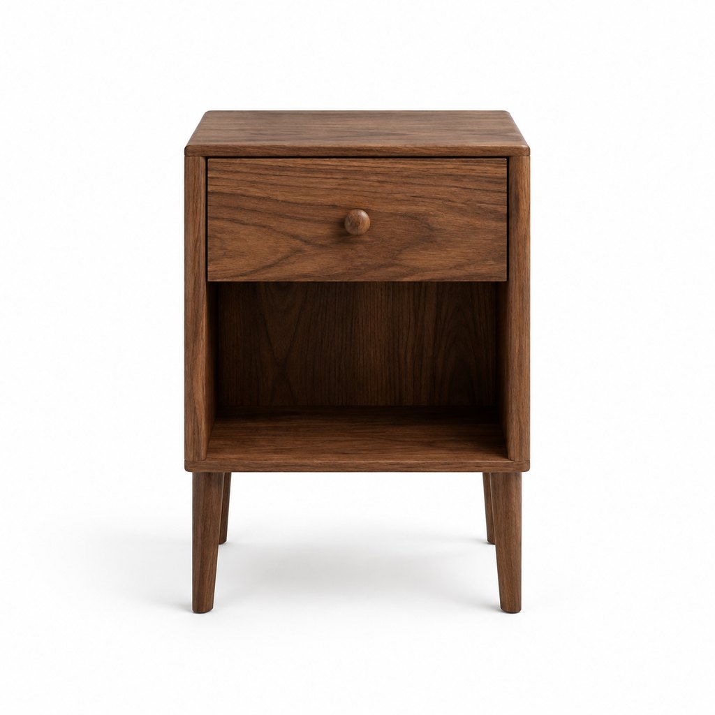Hana American walnut nightstand with drawer and open shelf, studio shot