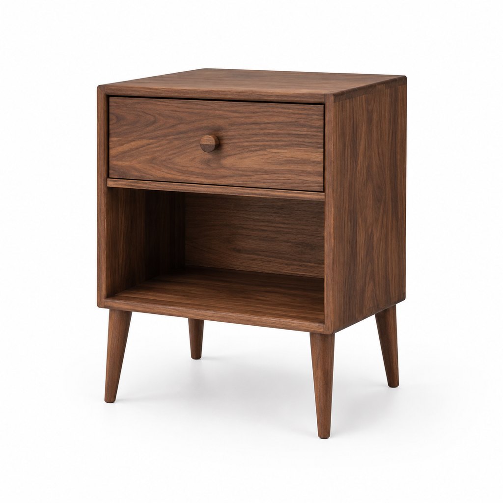 Hana American walnut nightstand with drawer and open shelf, studio shot — view 2