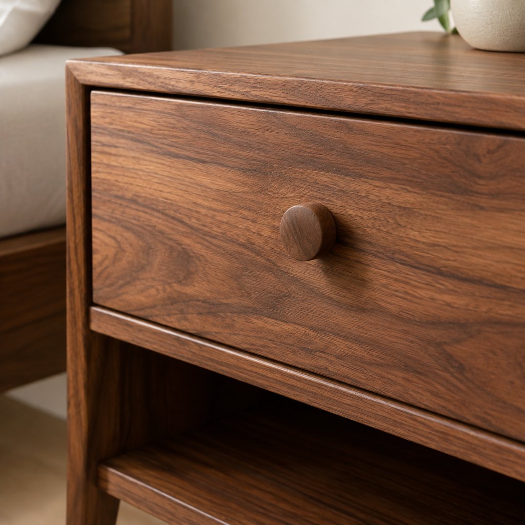 Hana American walnut nightstand with drawer and open shelf, studio shot — view 3