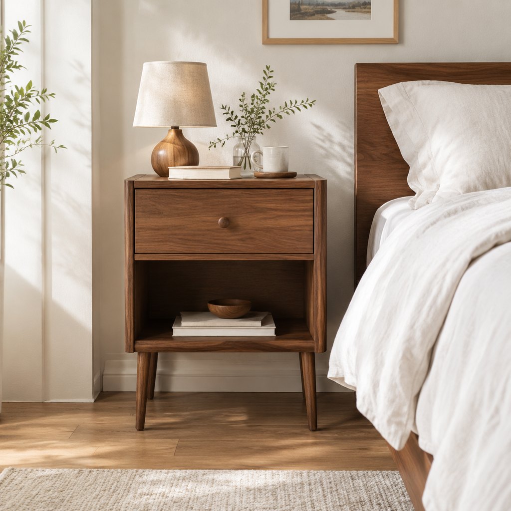 Hana American walnut nightstand with drawer and open shelf, studio shot — view 4